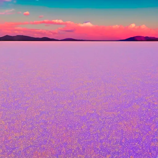 Image similar to rose and lavender colored sky with light pink clouds on a salt flat reflecting the pink sky dreamland