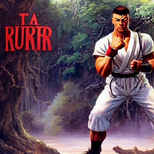 Image similar to ultra realistic forest gump as ryu from street fighter, painting by frank frazetta, 4 k, ultra realistic, highly detailed,