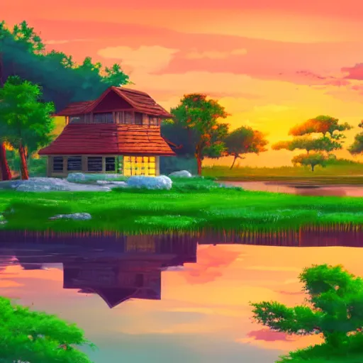 Prompt: a serene landscape with a singular house near a river at sunset, anime style, colorful, calm, high quality