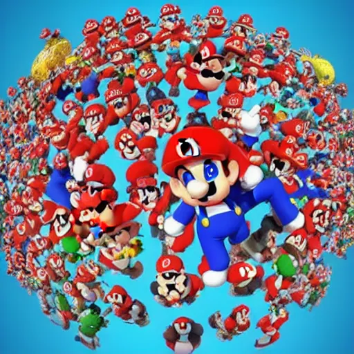 Image similar to photo of recursive super marios hundreds of marios holding up planet earth