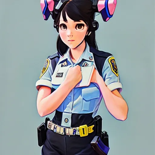 Image similar to D.VA from Overwatch wearing a police uniform by Kim Jung Gi, holding handcuffs in one hand Blizzard Concept Art Studio Ghibli. oil paint. 4k. by brom.