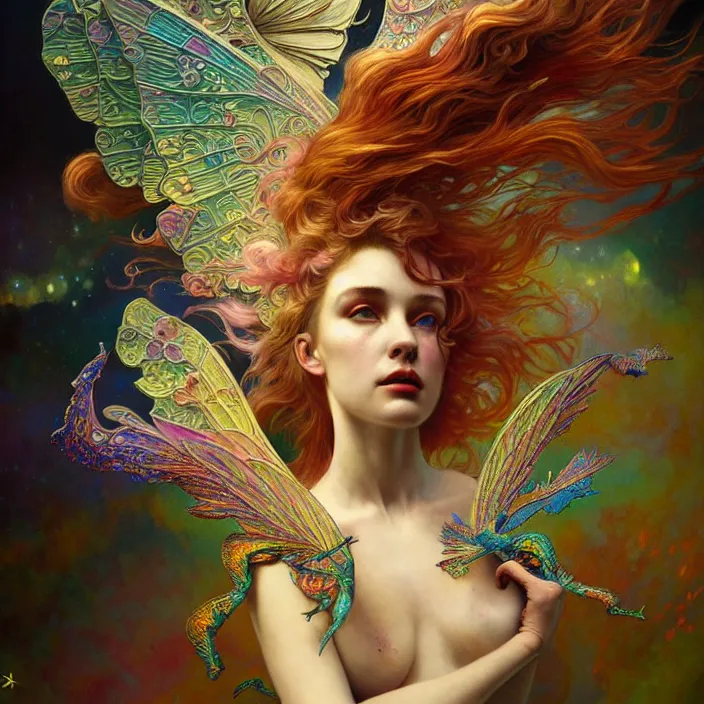 Prompt: psychedelic wings, diffuse lighting, fantasy, intricate, elegant, highly detailed, lifelike, photorealistic, digital painting, artstation, illustration, concept art, smooth, sharp focus, art by John Collier and Albert Aublet and Krenz Cushart and Artem Demura and Alphonse Mucha