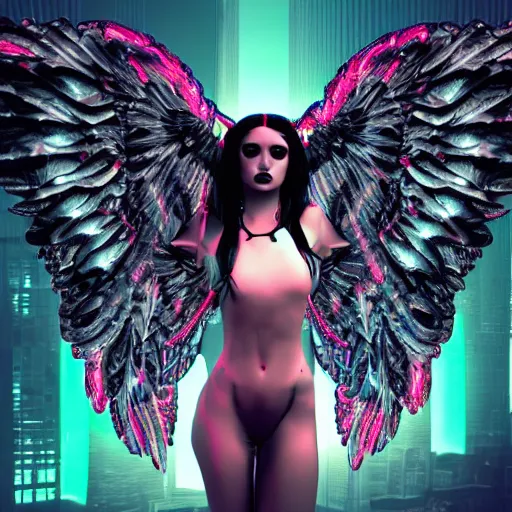 Image similar to gorgeous gothic angel in a neon city, masterpiece render, extremely detailed