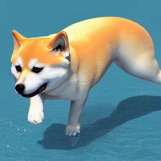 Prompt: Shiba Inu swimming, 3D render