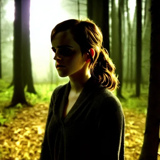 Prompt: emma watson, found footage, blair witch, woods, front light, night