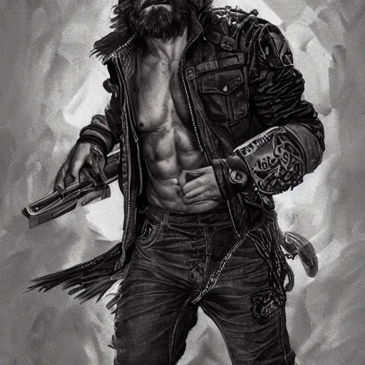 Prompt: Portrait of rugged scarred muscular man with stubble beard wearing a black leather jacket, waist high, intricate, wild, highly detailed, digital painting, artstation, concept art, smooth, sharp focus, illustration, art by artgerm and greg rutkowski and alphonse mucha