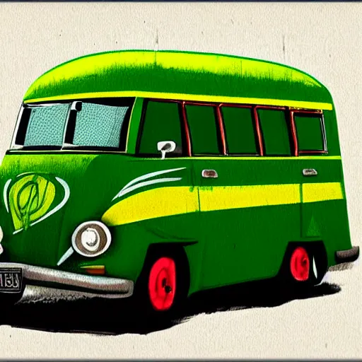 Image similar to retro painting illustration of a volswagen van, 2 d, pastel color, green, yellow, red, retro style art, trendy on artstation