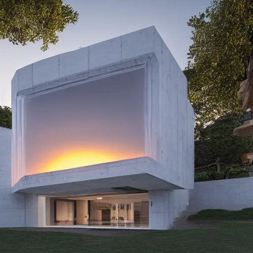 Image similar to detailed non-Euclidean stunning sophisticated beautiful house,hexagonal greebles, stunning volumetric light, sunset, concrete and translucent material, stunning skied, 8k