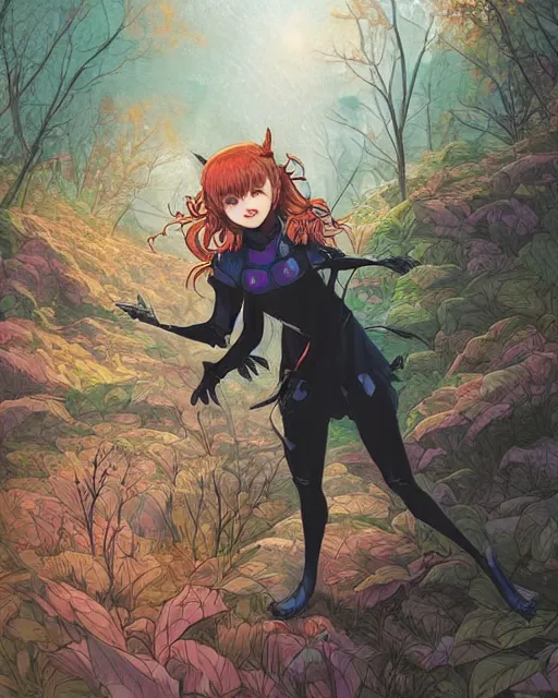 Prompt: a girl in a cute bat costume on a hike in the appalachian mountains, full shot, focused, ambient lighting, detailed, art by ayami kojima, makoto shinkai, kilian eng