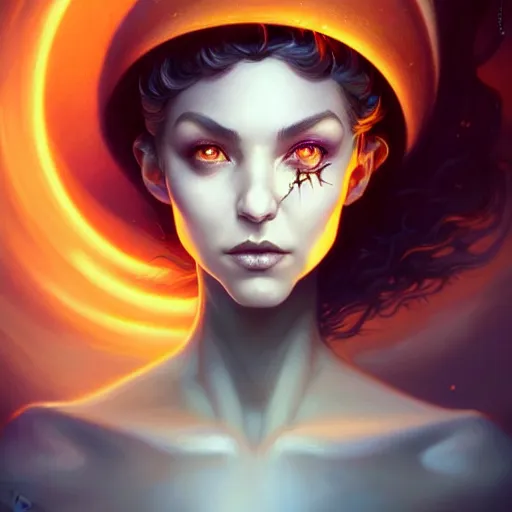 Prompt: beautiful stella maeve magician, in the style of peter mohrbacher, artgerm, tom bagshaw, realistic character concept, bird's eye overhead shot, elegant pose, spooky, illustration, symmetrical face and body, volumetric lighting, detailed realistic symmetrical eyes, 8 k, single face, insanely detailed and intricate elegant, autumn leaves