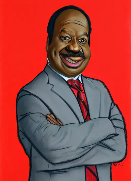 Prompt: ( ( ( caricature of leslie david baker as stanley hudson of the office television series ) ) ) by igor kazarin, pastels, head to waist, light coming from the right side, red background,