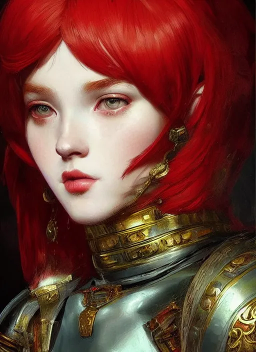 Image similar to portrait of an ancient roman character with red hair in incredible rich ornate armor, by ilya kuvshinov, by thomas lawrence, by bayard wu, trending on artstation, masterpiece