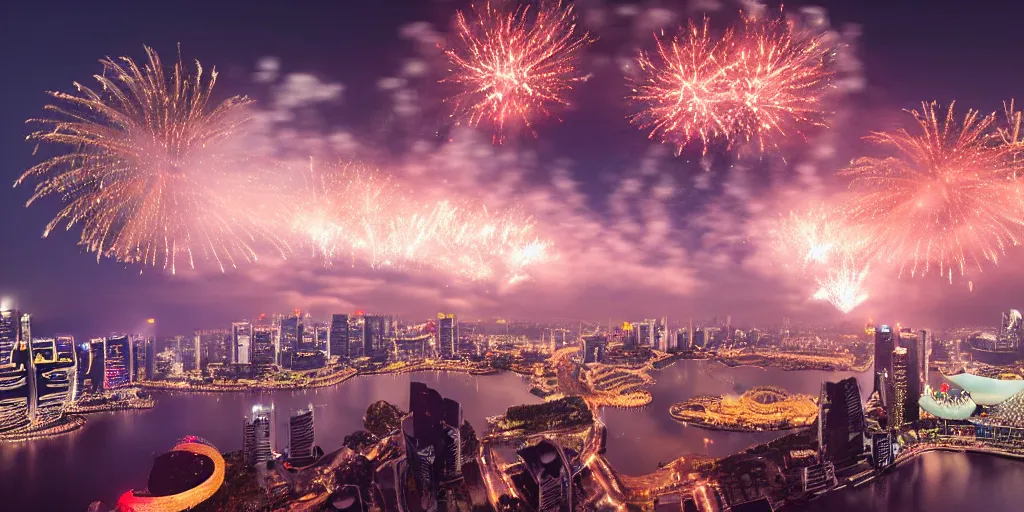 Image similar to Singapore city with a lion-shaped!!!!! cloud in the sky and fireworks in the sky, by Makato Shinkai, red and white lighting, digital art, ultra realistic, ultra detailed, photorealistic, 4k, character concept