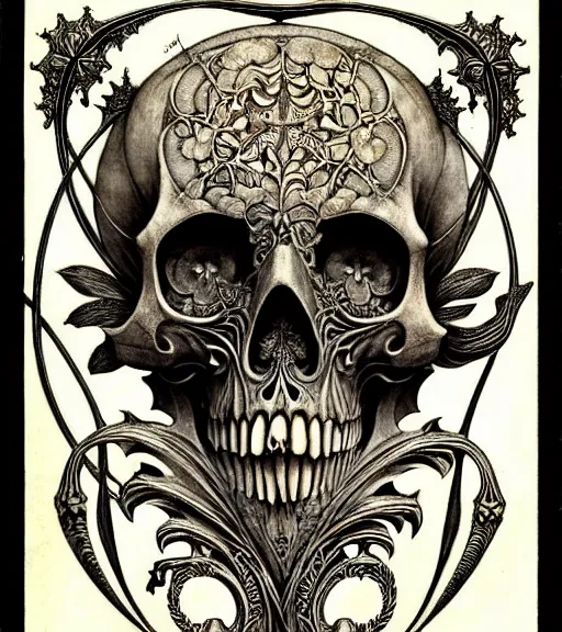 Image similar to memento mori by arthur rackham, art forms of nature by ernst haeckel, exquisitely detailed, art nouveau, gothic, ornately carved beautiful skull dominant, intricately carved antique bone, art nouveau botanicals, ornamental bone carvings, art forms of nature by ernst haeckel, horizontal symmetry, arthur rackham, ernst haeckel