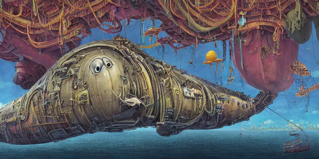 Prompt: a beautiful and highly detailed painting of an aaahh!!! Real Monsters airship docked at an aaahh!!! Real Monsters airship port by James Gurney and beeple | Unreal Engine: .4 | establishing shot | graphic novel, illustration: .3