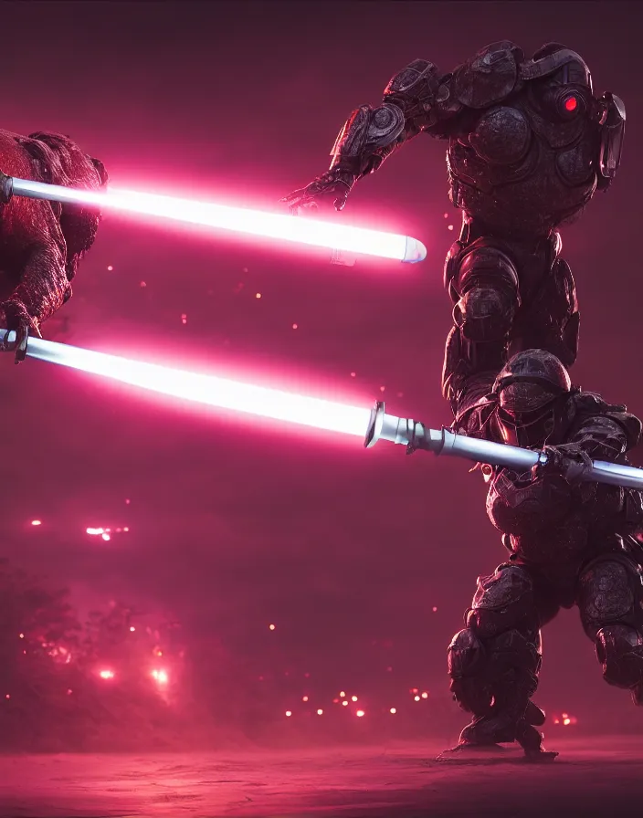 Image similar to a photo of a huge wide toad in a futuristic armor with glowing katana sword, cyberpunk, hyper realistic, hyper detailed, volumetric lightning, grainy film, octane render, 8k, raytracing