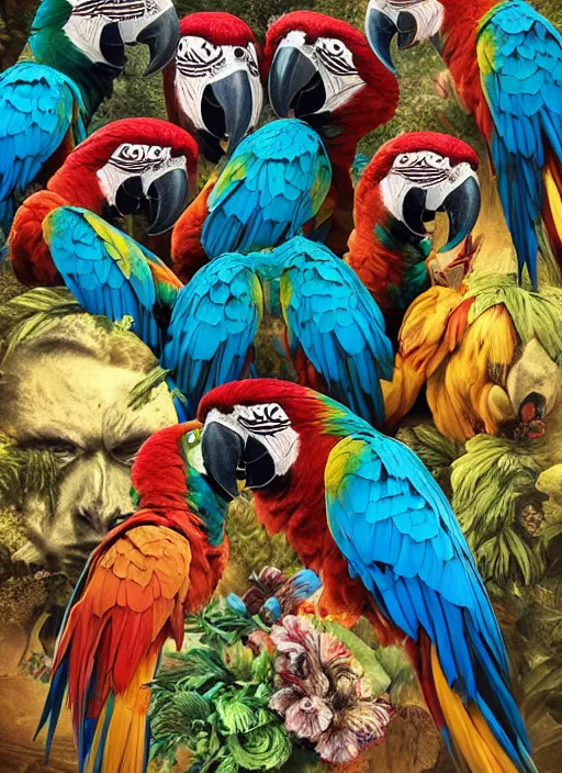 Prompt: An epic fantastic realism comic book style painting of the most beautiful macaw parrots, bouquets, Shamanic Mask, fisheye lens, unreal 5, DAZ, hyperrealistic, octane render, dynamic lighting