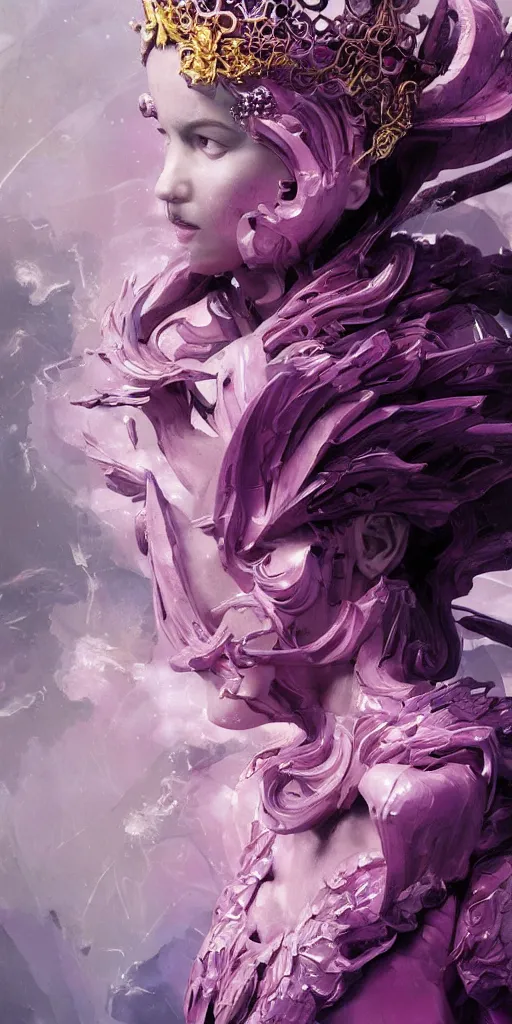 Image similar to female angel queen head wearing shiny pink crown, subtle purple accents, hyper details, black metal rococo, sculpted by Alex Alice, Craig Mullins, yoji shinkawa, trending on artstation, beautifully lit, Peter mohrbacher, hyper detailed, elite, elegant, luxury, ray of light through smoke, CGsociety, hypermaximalist, golden ratio, neofuture, volumetric, octane render, weta digital, micro details, 3d sculpture