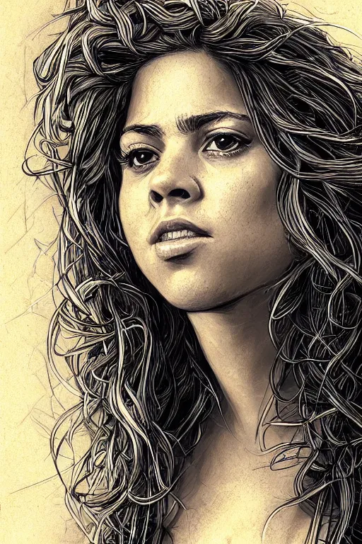 Prompt: closeup portrait of sexy shakira with long hair, drawn by rembrandt and dan mumford, poster, digital art, comic art, concept art,, single head, no double head,