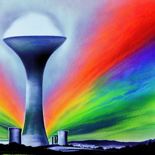 Image similar to A Masterpiece Landscape of a broken down nuclear power station, Nuclear blast imminent, nuclear reactor going critical. Rainbow Color Scheme