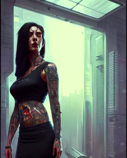 Image similar to cyberpunk corporate woman, covered in tattoos | | realistic shaded, fine details, realistic shaded lighting poster by greg rutkowski, diego gisbert llorens, magali villeneuve, artgerm, jeremy lipkin and rob rey