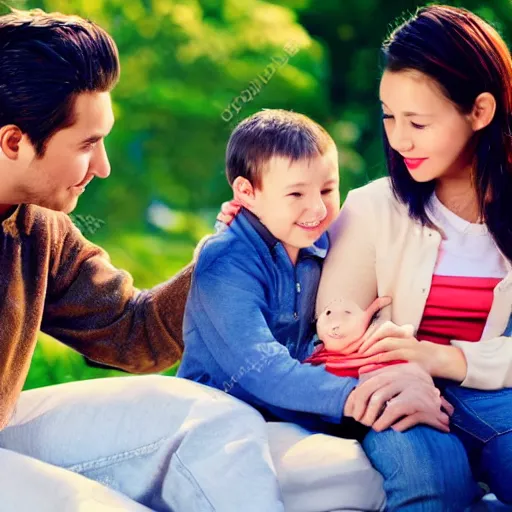 Image similar to a handsome young family with a young boy, scene from a future world where nanotechnology is ubiquitous