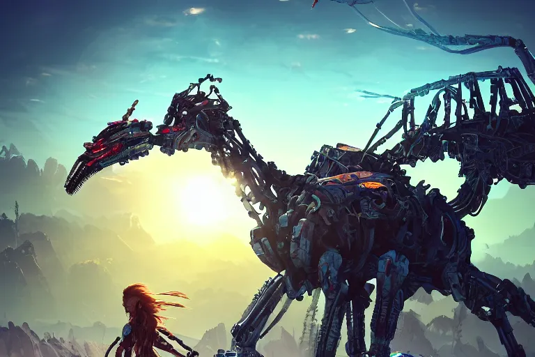 Image similar to longleg machine mecanical creature robot of horizon forbidden west horizon zero dawn radiating a glowing aura global illumination ray tracing hdr fanart arstation by ian pesty and alena aenami artworks in 4 k