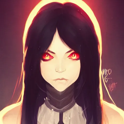 Image similar to female human vampire witch in the style of greg rutkowski, makoto shinkai, trending on artstation, character design, concept art, pretty face, highly detailed, long black hair, portrait, digital art