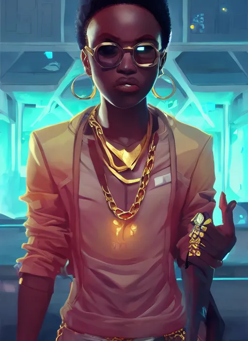 Image similar to afro - futurist gangstas, weapons and gold chains, jacking the metaverse | hyperrealistic oil painting | by makoto shinkai, ilya kuvshinov, lois van baarle, rossdraws | afrofuturism, in the style of hearthstone, trending on artstation | dark color scheme