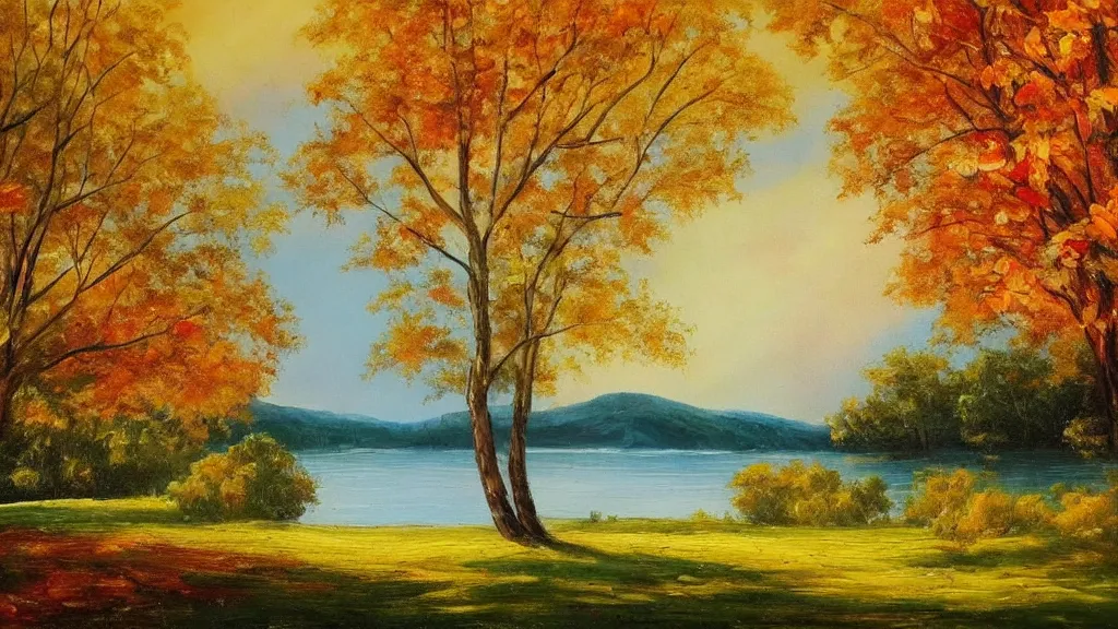 Image similar to beautiful panoramic landscape, oil painting, trees surrounding the reflective waters of a lake, gentle cloud cover and the sunbeams are falling through the gaps, the trees around have leaves the color of autumn,, by bob ross