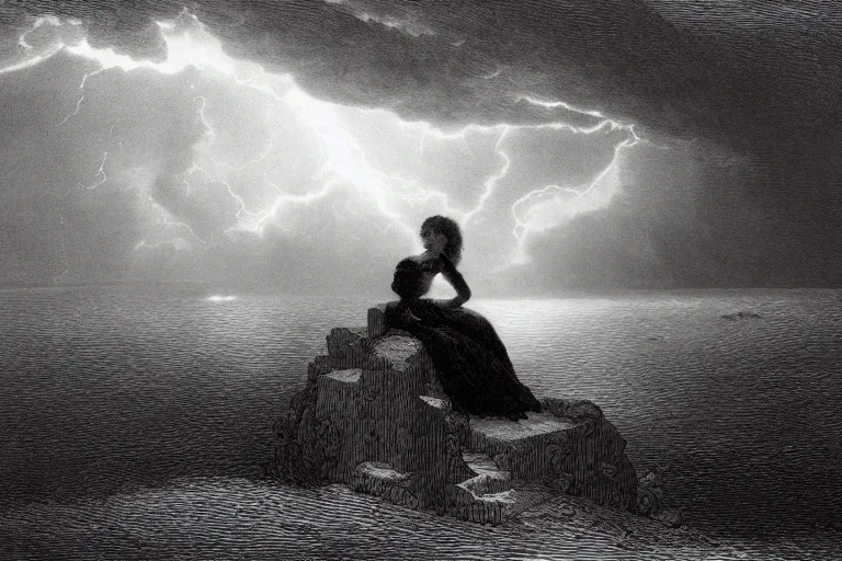 Image similar to black and white, young french woman sits near storm ocean, illuminated by a beam of light through detailed clouds, Gustave Dore lithography