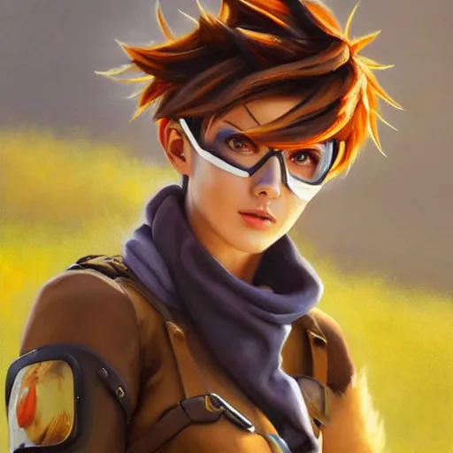 Image similar to oil painting of tracer overwatch in a field wearing large leather belt choker around neck, in style of mark arian, expressive face, detailed face, detailed eyes, full body, feminine face, tracer overwatch,