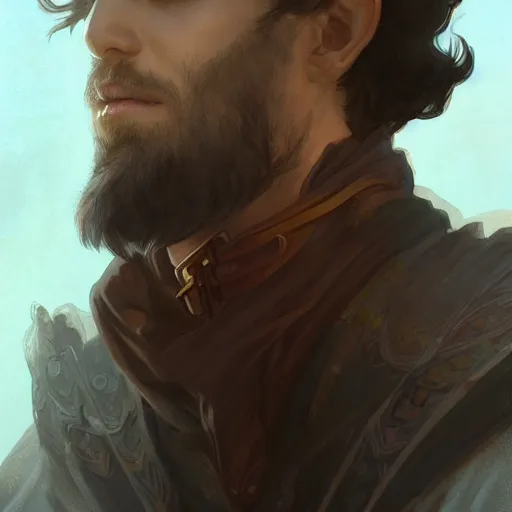 Image similar to portrait of a male necromancer, D&D, fantasy, highly detailed, digital painting, artstation, smooth, sharp focus, illustration, art by artgerm and greg rutkowski and alphonse mucha