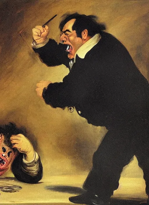 Prompt: painting by francisco goya of a screaming, brutish, ogre-ish jon taffer!!! in a bar, broken glasses and drinks in the background, hulkish, towering, distressing, disturbing hd, high quality, visible texture and brush strokes