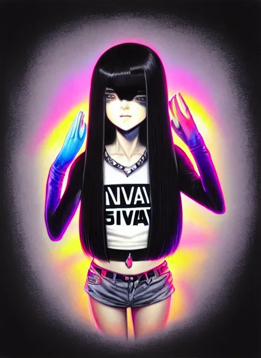 Image similar to richly detailed colored pencil 3 d illustration woman silky straight black hair with iridescence wearing nirvana logo tshirt and short black shorts, she staring at the camera happily art by range murata and artgerm.