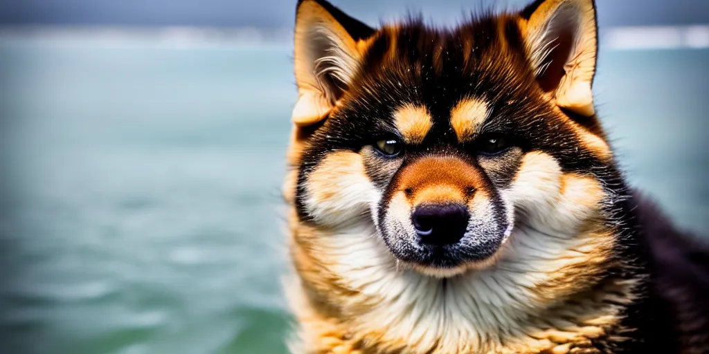 Image similar to Close up portrait of a big fluffy cat mixed with a shiba inu, award winning photograph, 50 mm lens and f/12.0, fast shutter speed of water floating in the air