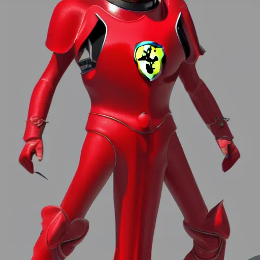 Image similar to Tokusatsu character based on Ferrari, red mechanical skinny body, chest plate with Ferrari logo, stylized motorcycle helmet, unreal engine, 3D model