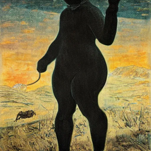 Image similar to a black monster in a gas station, vintage photography of a painting by segantini