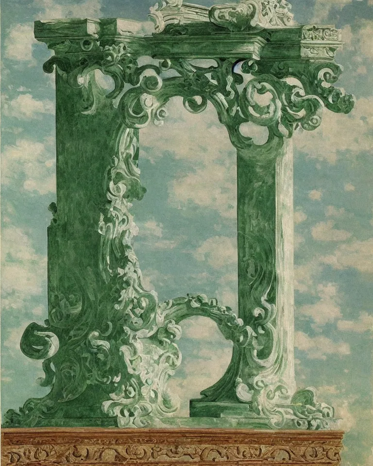 Image similar to achingly beautiful painting of intricate ancient roman corinthian capital on jade background by rene magritte, monet, and turner. giovanni battista piranesi.