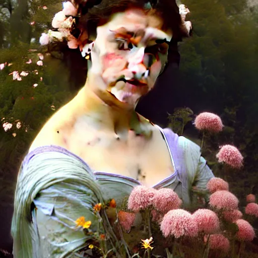 Prompt: a photograph of the most beautiful woman that has ever existed, surrounded by unique natural sightseeing accompanied by the most delicate flowers., highly detailed, digital painting, artstation, concept art, smooth, sharp focus, illustration, art by artgerm and greg rutkowski and alphonse mucha and william - adolphe bouguereau