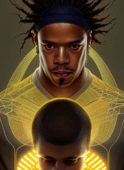 Image similar to symmetry!! portrait of ronaldinho gaucho, sci - fi, tech wear, glowing lights!! intricate, elegant, highly detailed, digital painting, artstation, concept art, smooth, sharp focus, illustration, art by artgerm and greg rutkowski and alphonse mucha