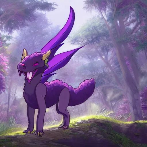 Image similar to concept art painting of an anthropomorphic purple anime furry dragon, in the deep forest, realistic, detailed, cel shaded, in the style of makoto shinkai and greg rutkowski and james gurney