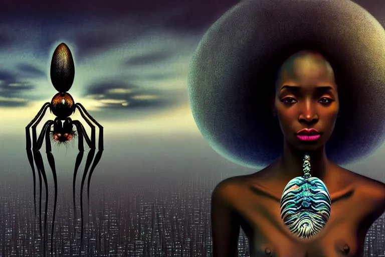 Image similar to realistic detailed photorealistic film portrait shot of a beautiful black woman with a giant spider, sci fi city landscape background by denis villeneuve, amano, yves tanguy, alphonse mucha, ernst haeckel, david lynch, edward robert hughes, roger dean, cyber necklace, dynamic pose, rich moody colours, wide angle