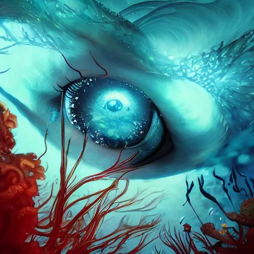 Image similar to beautifully stunning eye submerged in the depths of the ocean, james jean, brian froud, ross tran, ultra detailed, atmospheric, epic composition, coral reef, cinematic, unreal engine, flares, particles, volumetric light