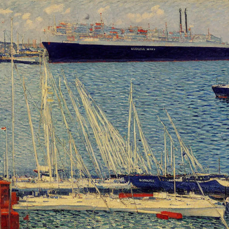 Prompt: a master gouache painting of a big ship docked at the harbor, sharp focus, very detaied, by gustave caillebottet