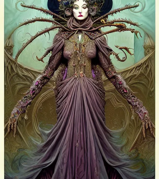 Prompt: symmetrical painting, a beautiful female witch queen in dress, pretty, detailed and intricate, perfect face, elegant, ornate, luxury, elite, matte painting, by artgrem, by james jean, by brian froud, by wayne barlowe