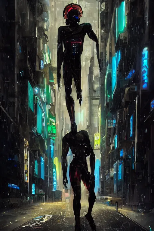 Image similar to black male cyborg body modifications hd james paick low perspective! cyberpunk city neon rain