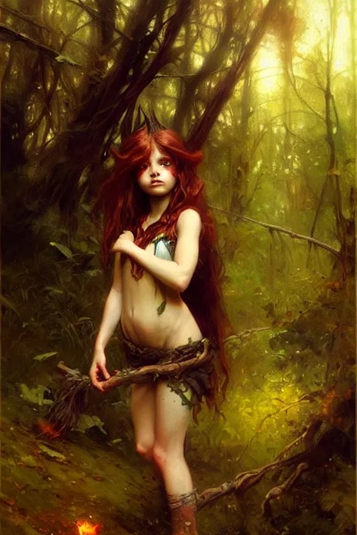 Image similar to young witch girl in the woods, highly detailed, realistic style. by raymond swanland, gaston bussiere, simon bisley