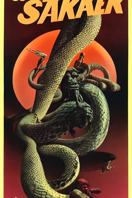 Image similar to poster for the 1 9 7 1 movie'snake'er up ', directed by federico fellini, starring donald sutherland and uncle aloysius, art direction by wayne barlowe, glenn fabry and frank frazetta, cinematography by robby muller ), crisp