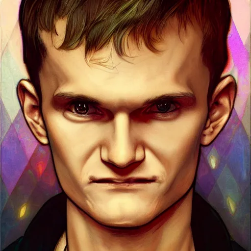 Image similar to vitalik buterin, artgerm, very detailed, art contest winner on behance, trendy on deviant art, by artgem, greg rutkowski and laura sava and alphonse mucha